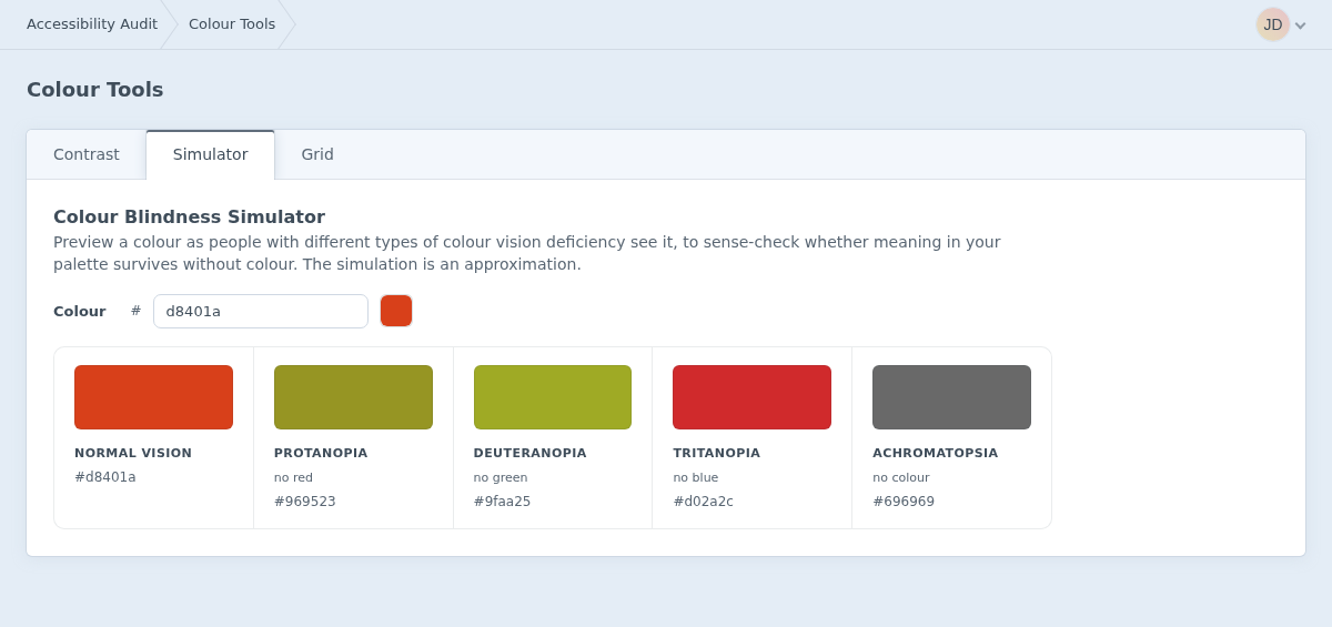 The colour-blindness simulator showing a palette as it appears with several types of colour vision deficiency.