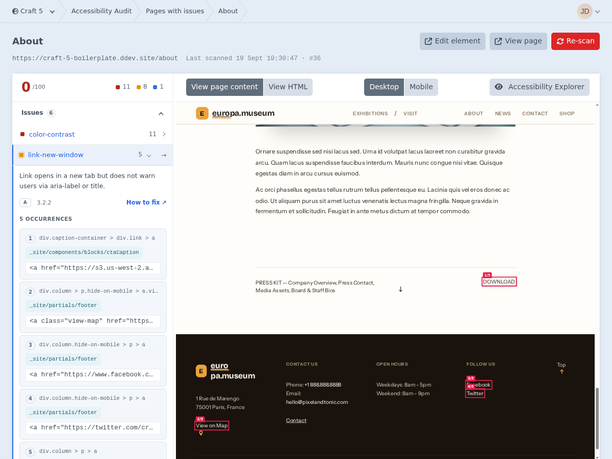 A page report for an About page: the link-new-window rule is expanded, listing five occurrences with their CSS paths and template files, and each is outlined in the live preview.