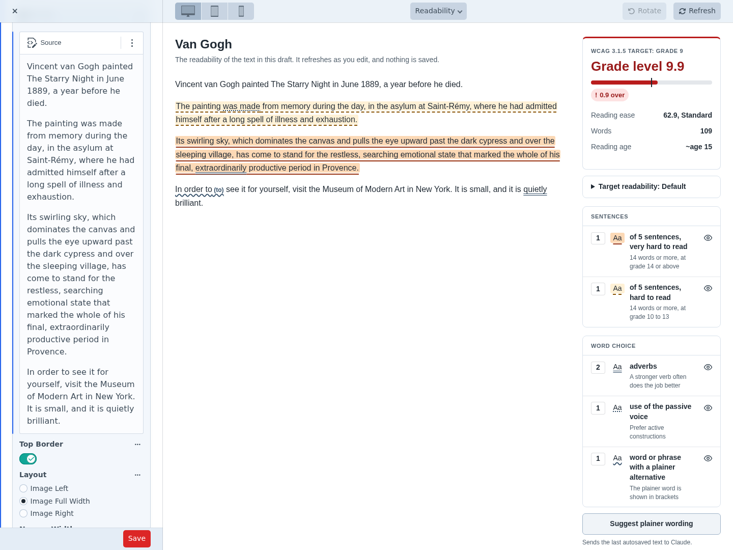 The readability preview: an entry’s text with hard sentences, adverbs and passive voice highlighted, next to its reading ease and grade level.