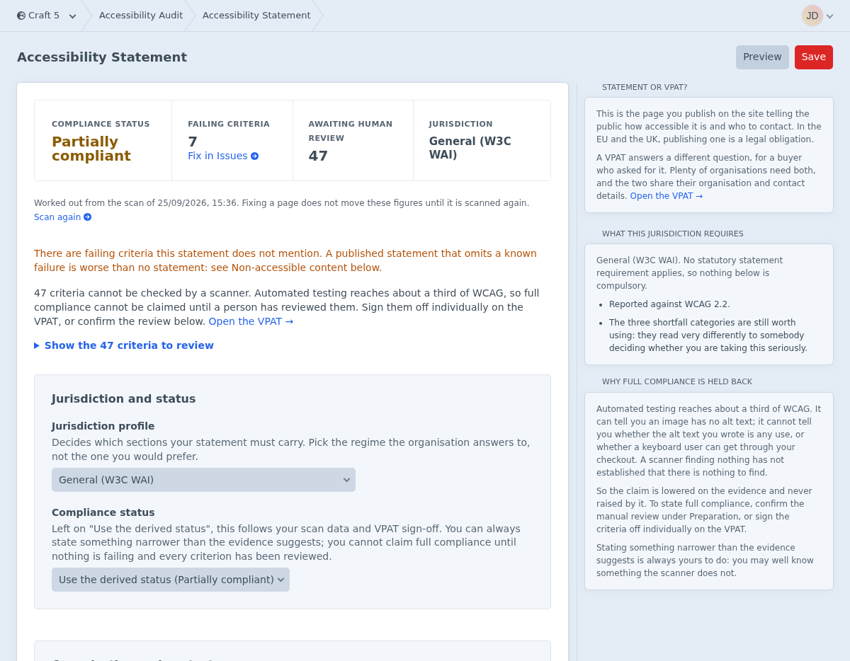 The accessibility statement editor with jurisdiction, compliance status and non-accessible content fields.